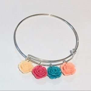 Handmade Sterling Silver “Glittery Rose” Charms Bangle Bracelet